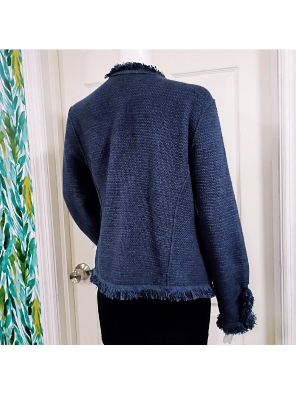 Nic + Zoe Fringe Knit Jacket L Blue Open Front Fringe Boho Cardigan - Picture 3 of 12
